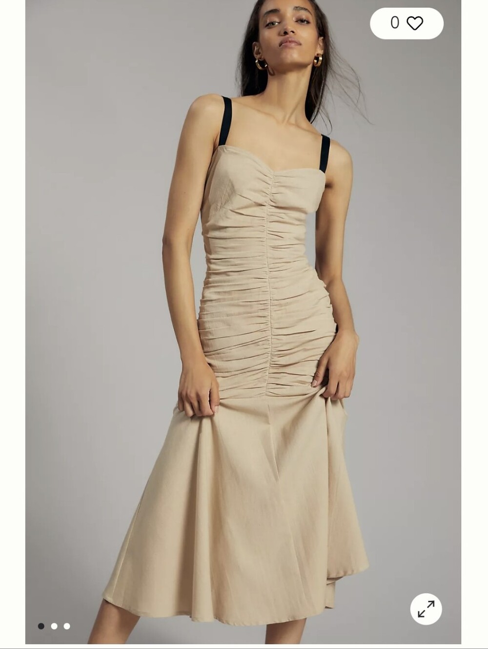 Anthropologie Beige Ruched Midi Dress with Black Straps Sz.4P NWT Atsu